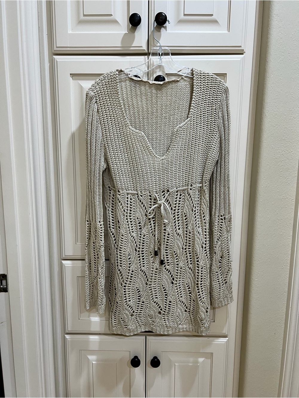 Knit Lace-Panel Beach Coverup Tunic in Cream
